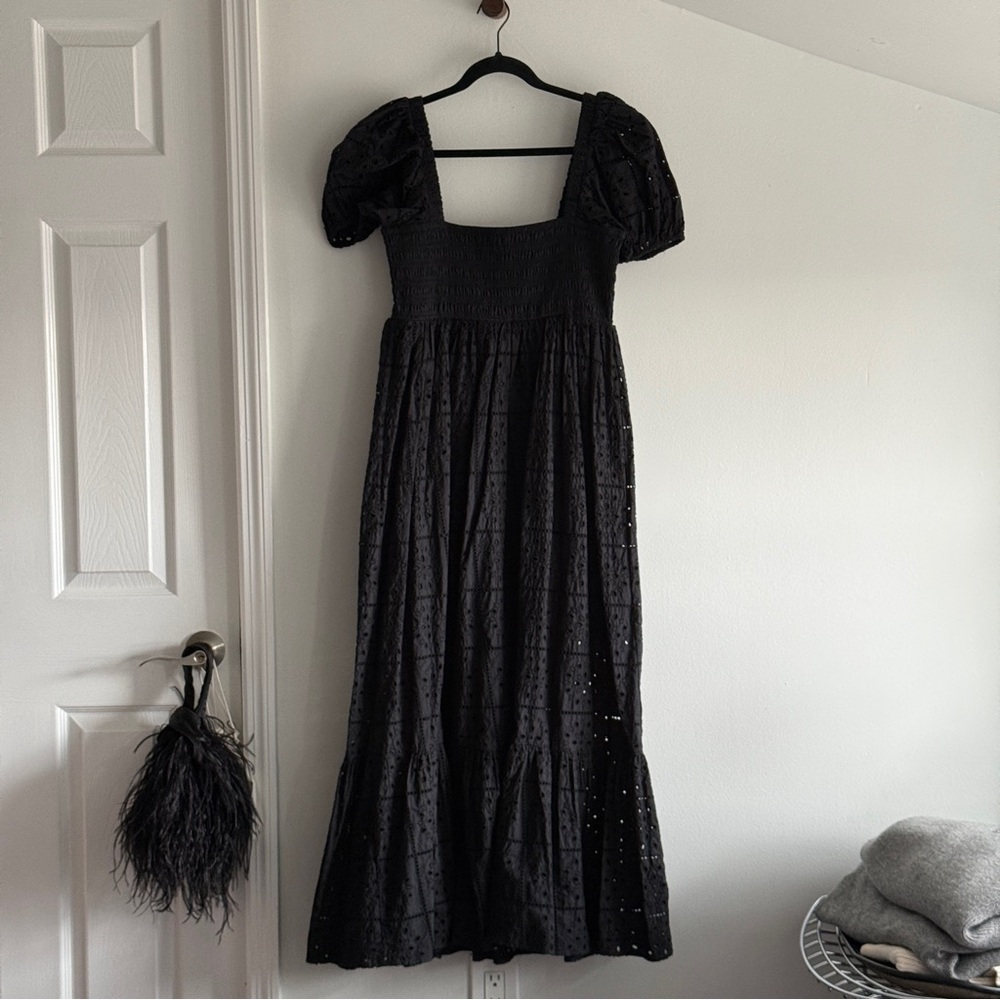 Ganni Shirred Broderie Anglaise Cotton Maxi Dress in Black